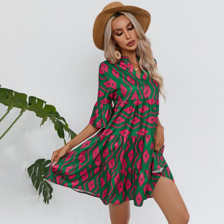 

Летнее женское платье А-силуэта с высокой талией, этническим принтом, короткими рукавами и шнуровкой XXL зелёный