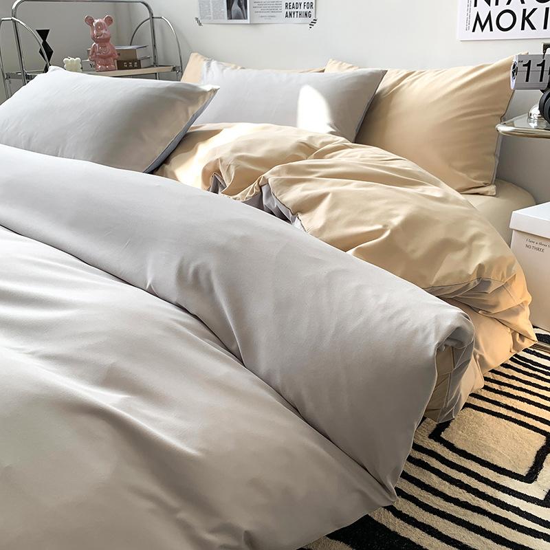 Solid-color Japanese Pure Cotton Four-piece Bed Cover Set with Double-sided Washed Cotton Bed Sheets and Quilt Cover
