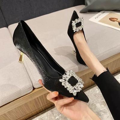 French Pointed Rhinestone High Heels Women's Summer 2024 New Stiletto Fashion Small Size Black Professional Single Shoes Women