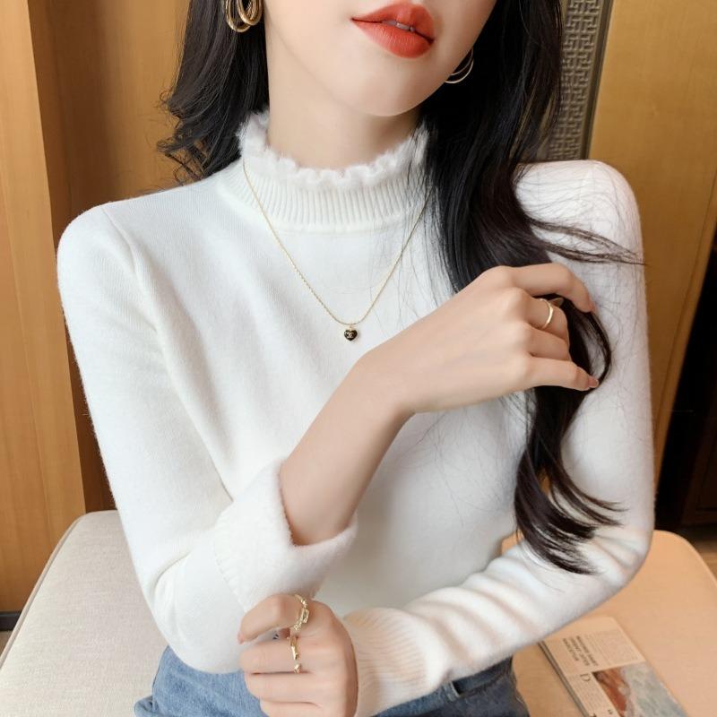 Solid Color Semi-turtleneck Integrated Imitation Mink Fleece Sweater Women's Soft Waxy Knitted Top Spring Fungus Edge Bottoming Shirt