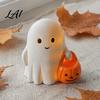 Warm Light Ghost Decor Halloween Holding Pumpkin Figurine Spooky Statue with Night Light Resin Ornament for Desk Tabletop Centerpiece