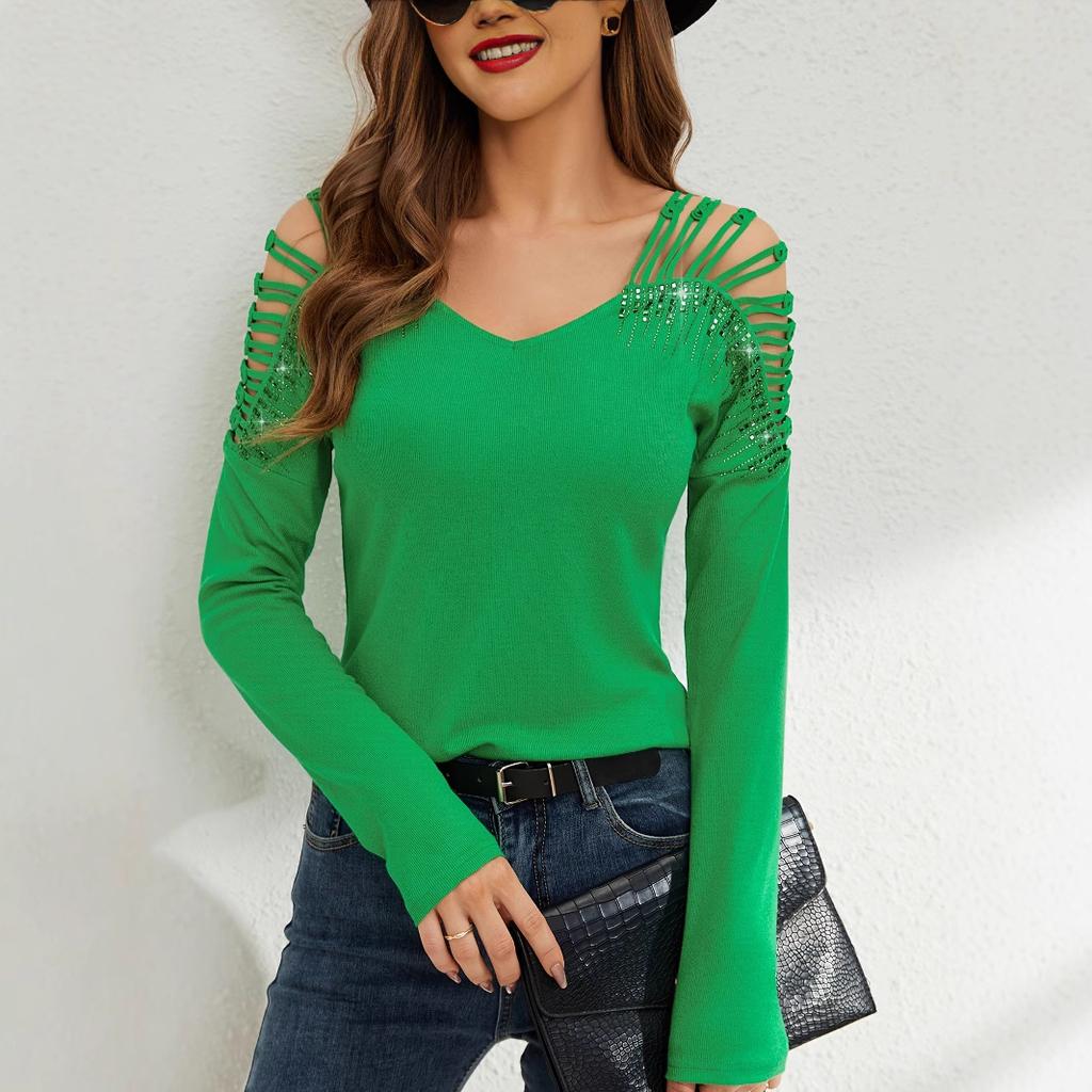 Fashion Lace Splicing Heavy Drilling V-Neck Floor Length Long Sleeve T-Shirt Women's Tops Versatile Closet Essential Fashion Items Shirt