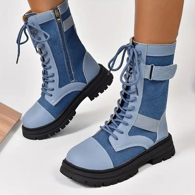 Aphixta Retro Lace Up Women Boots Side Zip Modern Boots Women Boots Blue 4CM Square Heel Lady Footwear Shoes Botas Mujer Botines