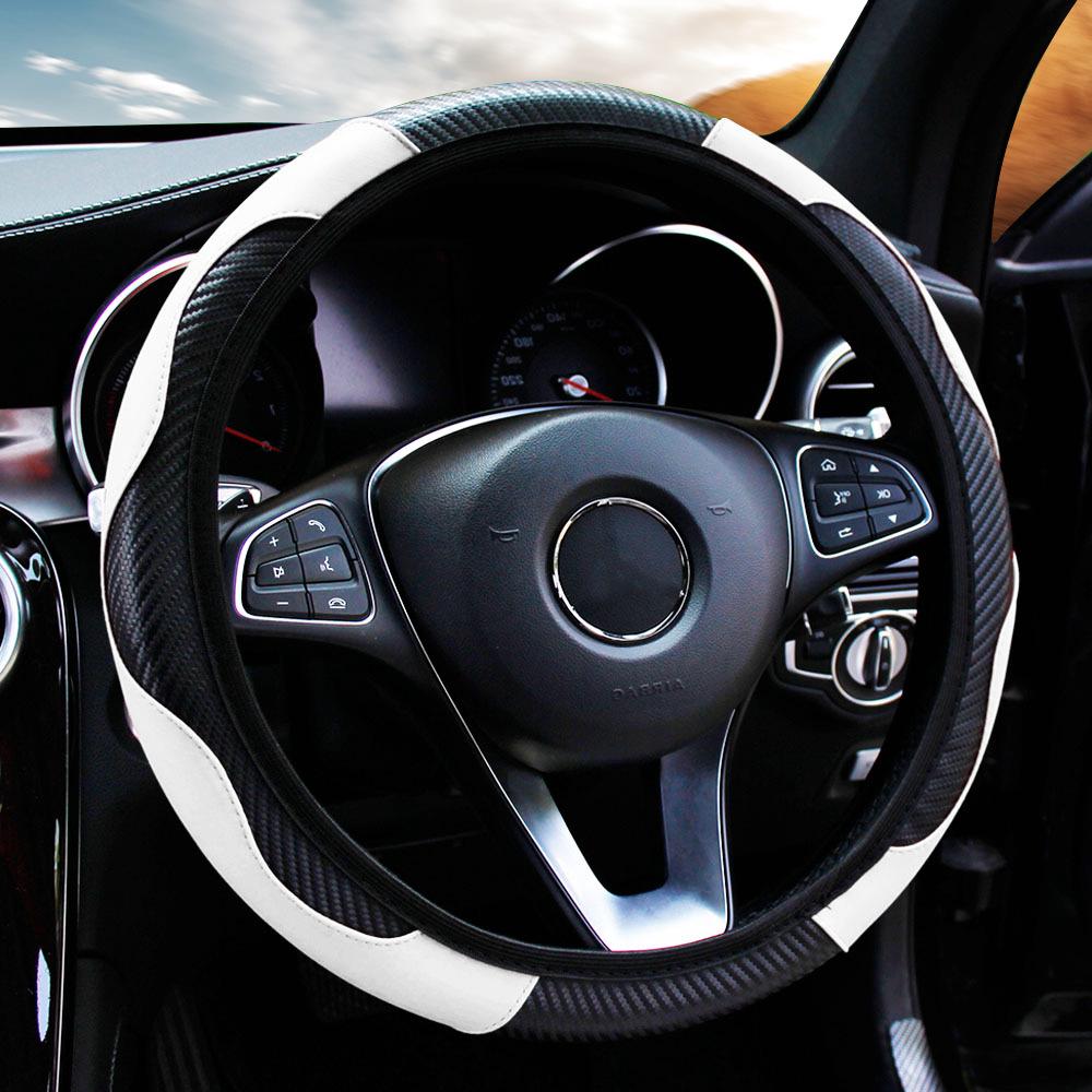 Comfortable Wear-Resistant Carbon Fiber Leather Steering Wheel Cover for 14.5-15 Inch Universal Female Cars.