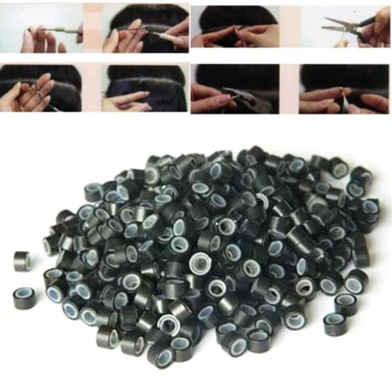 Około 500 sztuk/butelka Aluminiowe Silikonowe Pierścienie Zaciskowe do Przedłużania Włosów Klamry Czarne Brązowe Narzędzia Salonowe Akcesoria do Upiększania Włosów