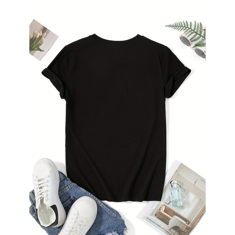 Women's T-shirt, Portuguese Humorous Expression Letter Print, Black Short Sleeve Round Neck Printed T-shirt - Machine Washable, Comfortable Fit