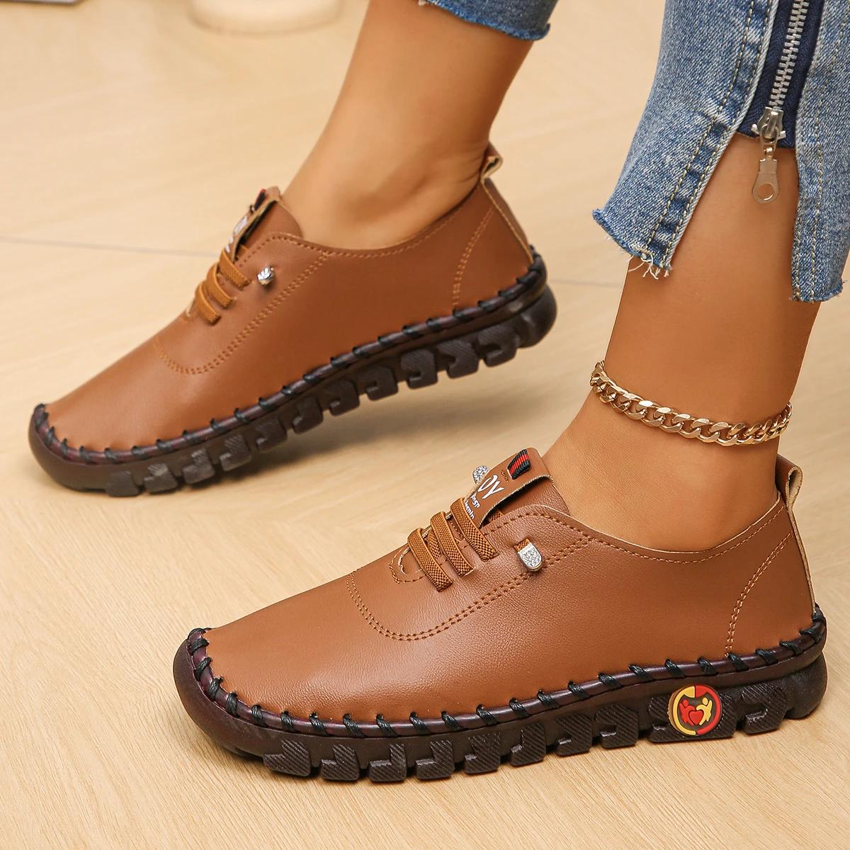 

Летняя модная обувь для мам, кожаные туфли ручной работы с мягкой подошвой, женские повседневные кроссовки Zapatos Mujer Primavera Verano 2024 45 коричневый