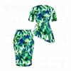 Women Plus Size Round Neck Short Sleeve Tropical Print Asymmetric Top Fitted Skirt Two Piece Set