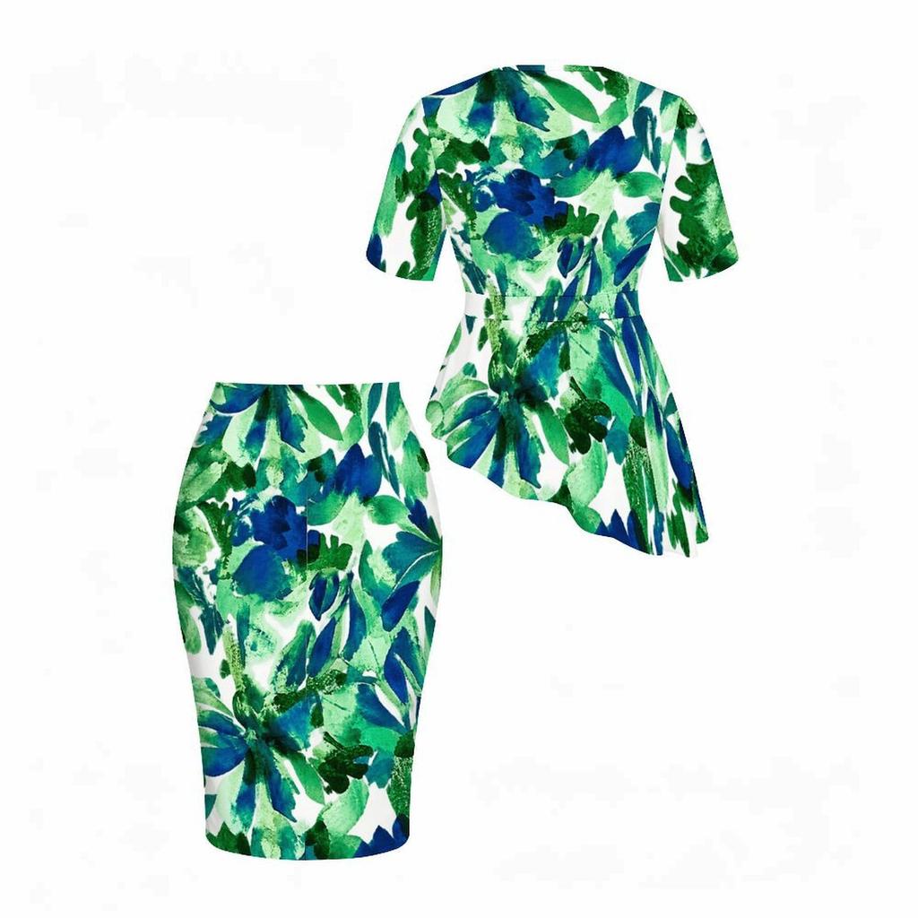 Women Plus Size Round Neck Short Sleeve Tropical Print Asymmetric Top Fitted Skirt Two Piece Set