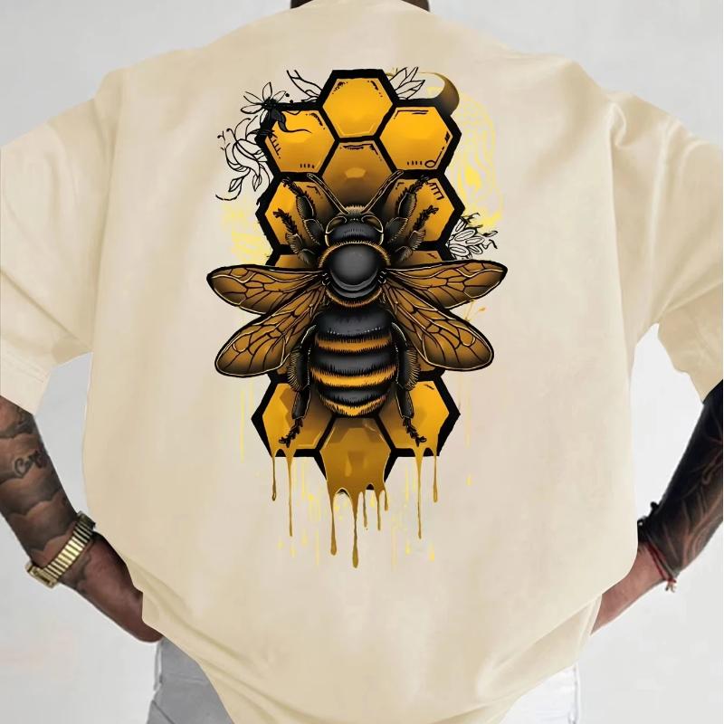 Men's pure cotton fashionable casual loose sports bee pattern printed round neck short sleeved T-shirt top