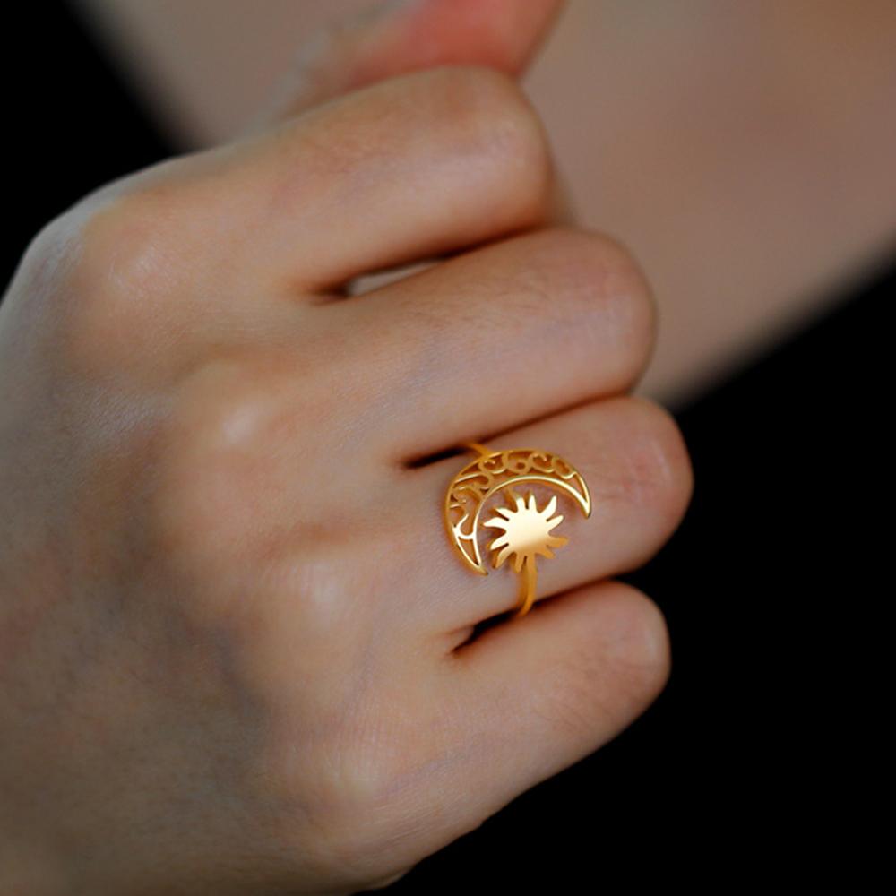 My Shape Sun Moon Rings for Women Men Stainless Steel Gold Color Simple Adjustable Open Size Finger Rings Jewelry Gifts Female