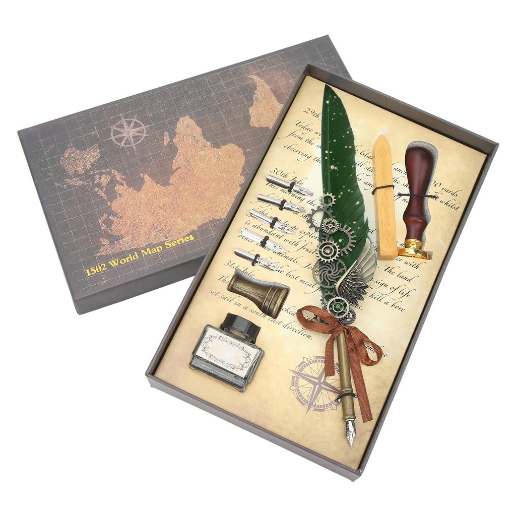 Retro Pen Set Vintage Map Pattern Quill Pen Set with 5 Replacement Nibs Pen Stand Base Ink Empty Bottle for Writing