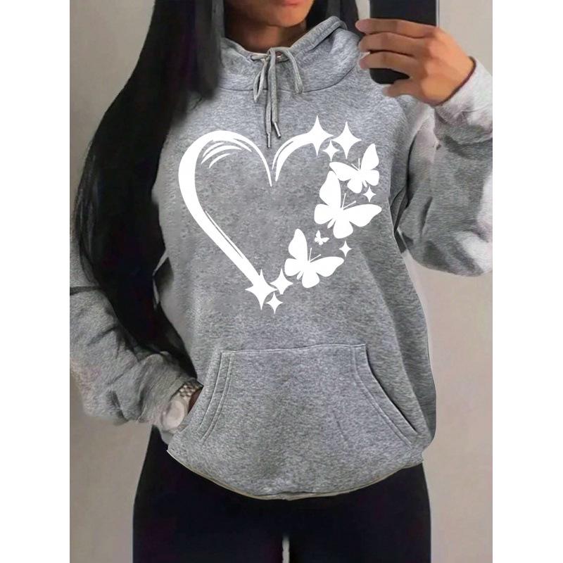 European & American Style Love Heart Butterfly Print Women's Hooded Sweatshirt - Trendy Street Style Pullover
