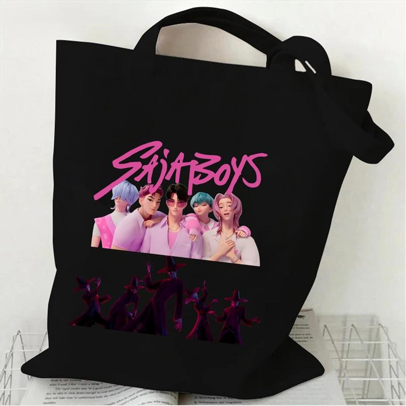 New Kpop Demon Hunters Black White Canvas Bag Saja Boys Anime Print Tote Bag Girls Trendy Lightweight Shoulder Bag