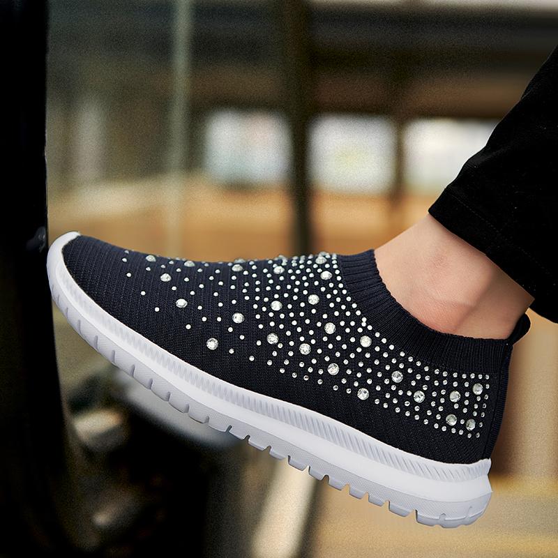 Fashion Women Flat Shoes Knitted Shoes Breathable Mesh Sneakers Crystals Sparkly Sock Shoes Casual Lightweight Walking Shoes