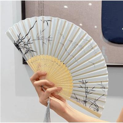 1pcs Chinese Style Ink Folding Fan, Bamboo Frame Handheld Fan with Tassel, Vintage Decorative Fan for Wedding, Hanfu, Dance