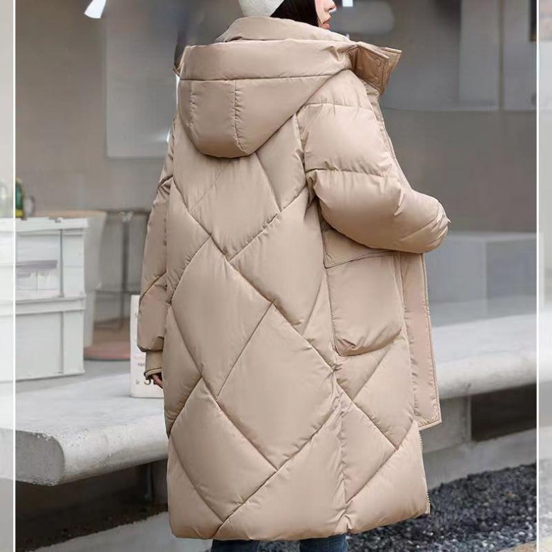 Nye parka-jakker med hette for kvinner Tykk varm bomullspolstret pufferfrakker Uformelle lange parkaklær Løst yttertøy