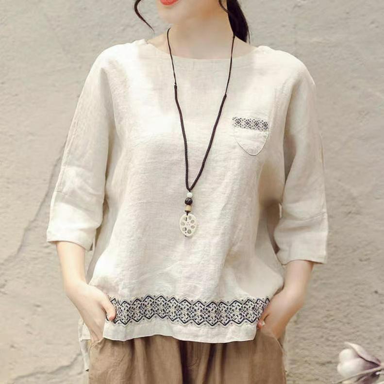 

Summer Retro Cotton and Linen Short-sleeved T-shirt Women s Large Size Loose Meat-covering Round Neck Pullover Bottoming Shirt 4XL абрикосовий