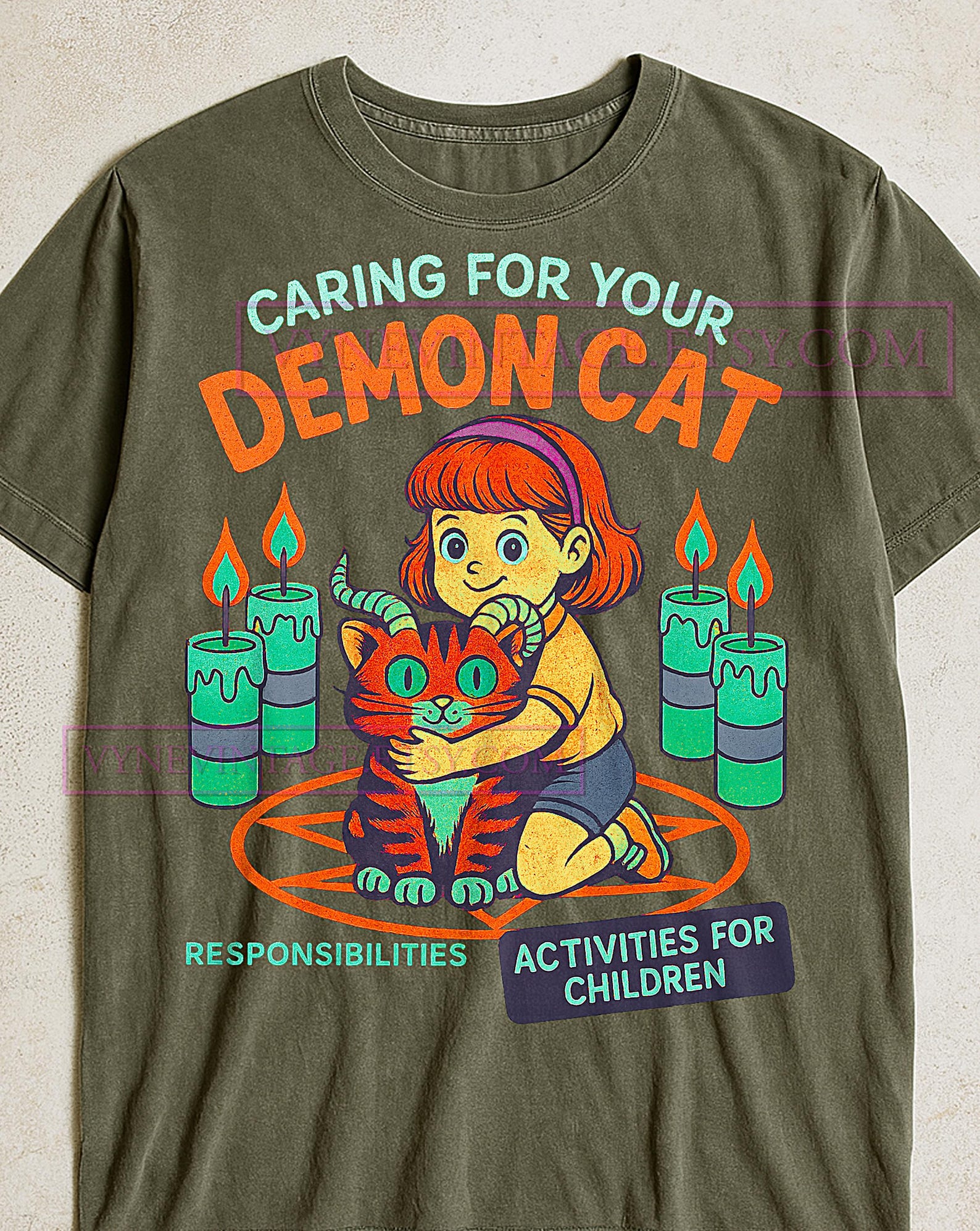 Caring For Your Demon Cat Pets T-Shirt, Demon Cat Retro Shirt, Humorous Children s Activities Tee, Funny Cat Lover Gift L
