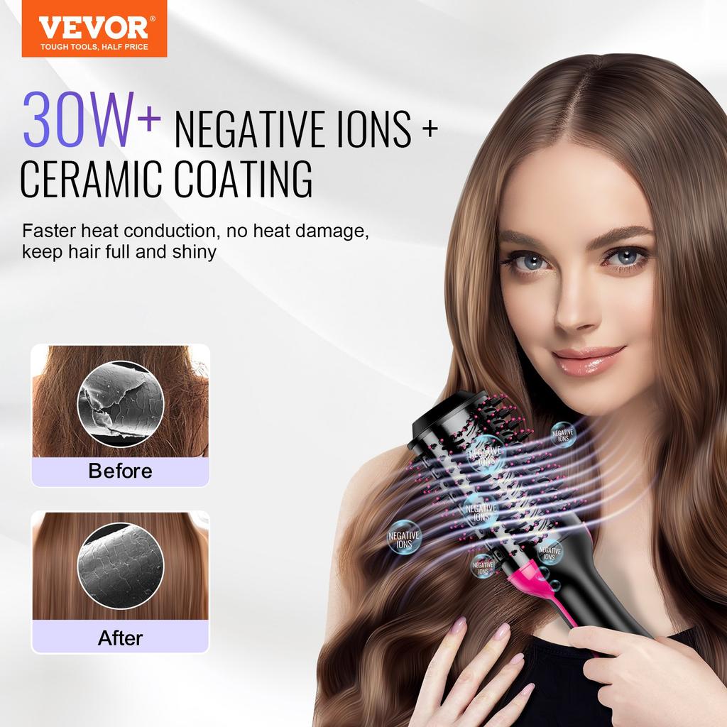 VEVOR Hair Blow Dryer Brush, 4 in 1 Ionic Hair Dryer and Styler Volumizer with 75mm Ceramic Coating Oval Barrel & 3 Heat Settings