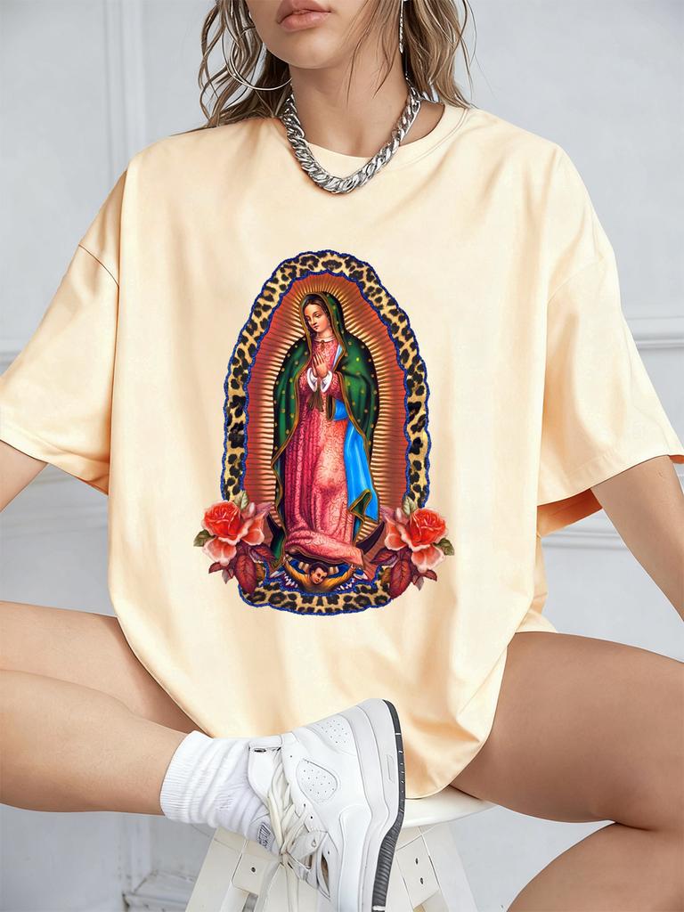 Our Lady Of Guadalupe Prints Short Sleeve T-Shirts Women Polyester Summer Tee Shirts Comfortable Soft O-Neck Tops Sporty Clothes