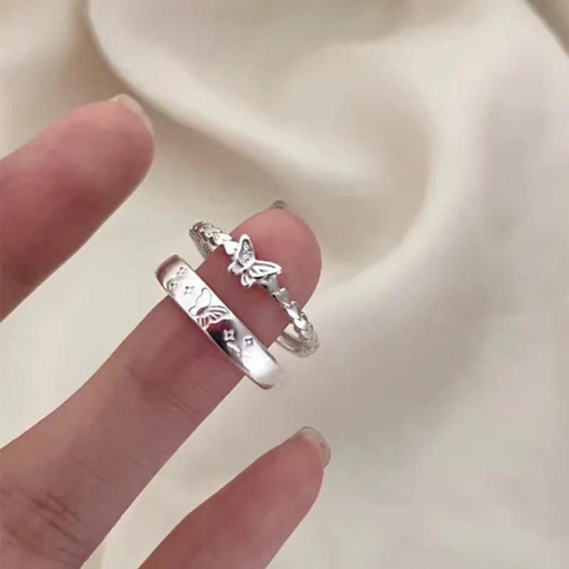 Fashion Couple Rings Set Silver Color Simple Opening Adjustable Finger Ring Jewelry for Women Men Anniversary Gift