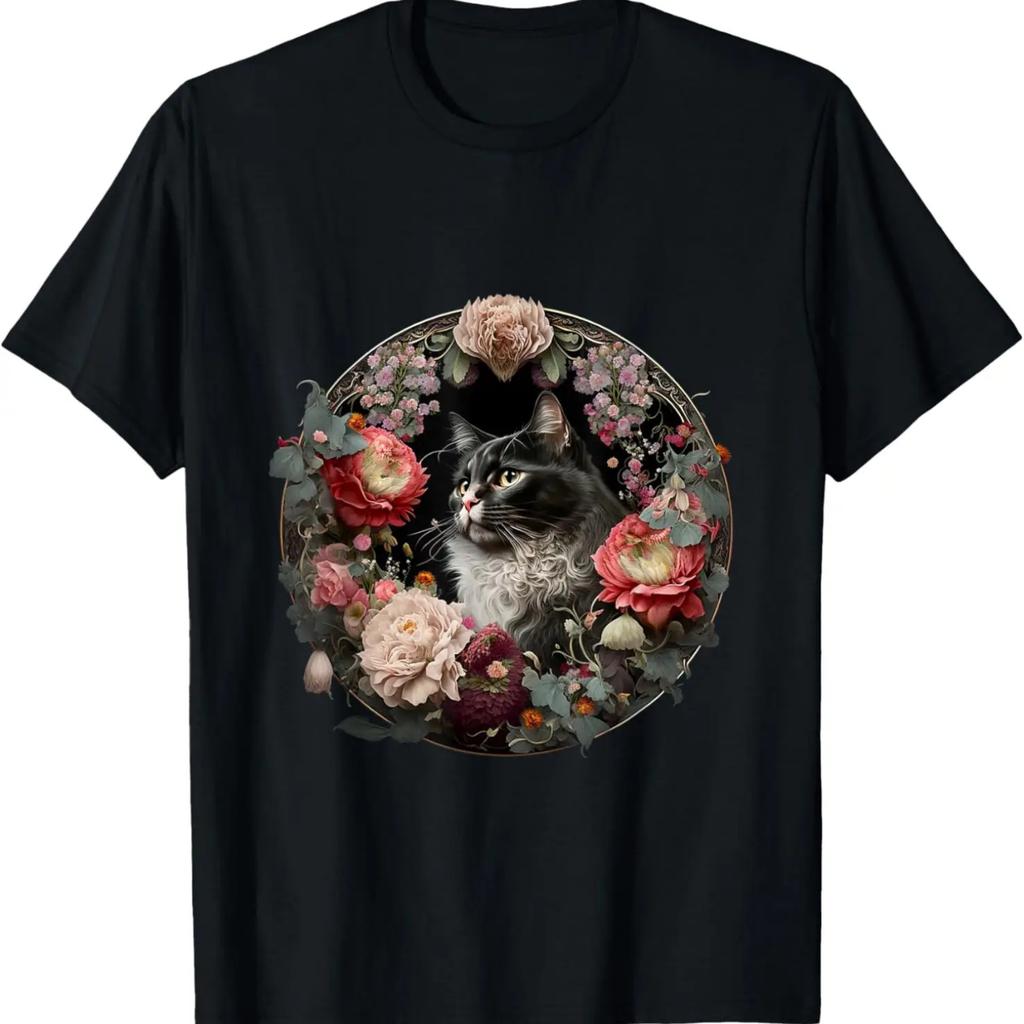 Boho Black Cat Retro Flower Kawaii Vintage Peony Lilac T-Shirt