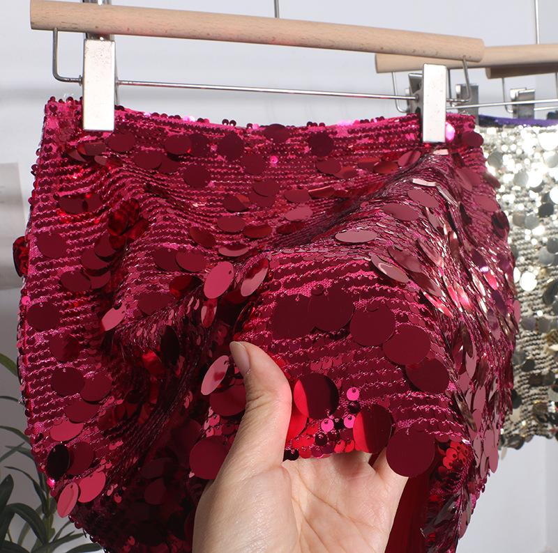 Minigonna A-line scintillante con strass, vita alta, stile industria pesante europea e americana - Stile Nightclub