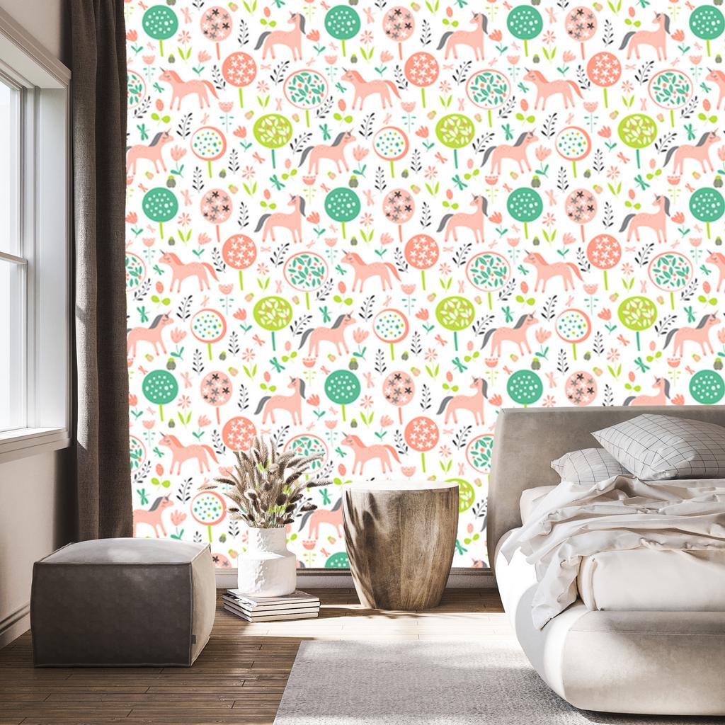 Wallpaper Colorful Unicorns and Plants for Living Room and Bedroom 50x1000