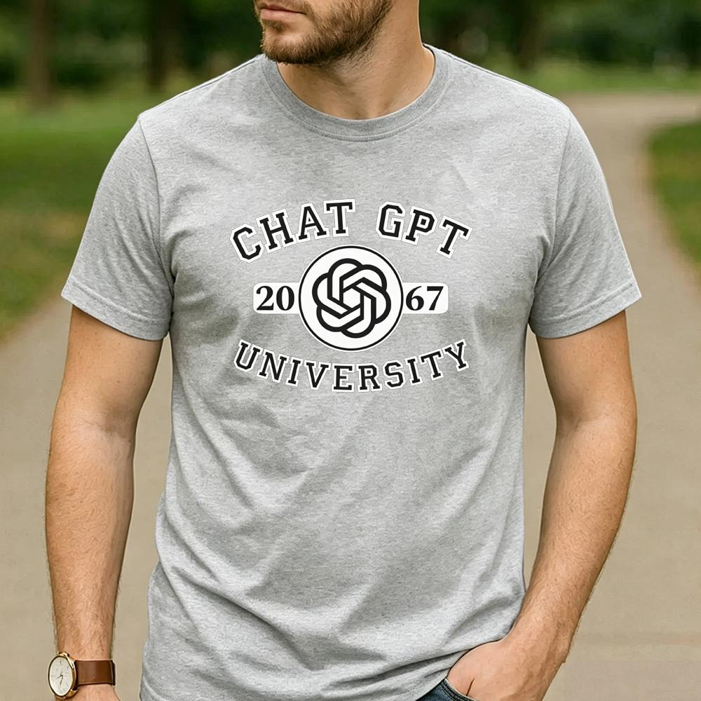 Chat GPT University Twist Knot Est 2067 Graphic T Shirt Unisex Crew Neck Short Sleeve Tech Geek Holiday Gift Tee