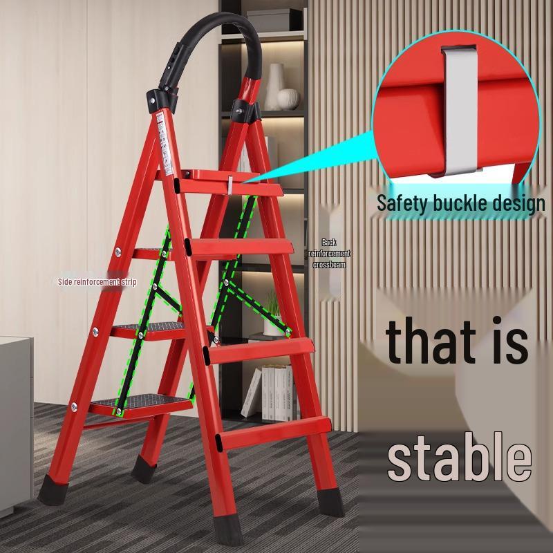 Red Portable Multi-Functional Indoor Folding Ladder - Lightweight, Telescopic, Thickened A-Frame, Ideal Housewarming Gift