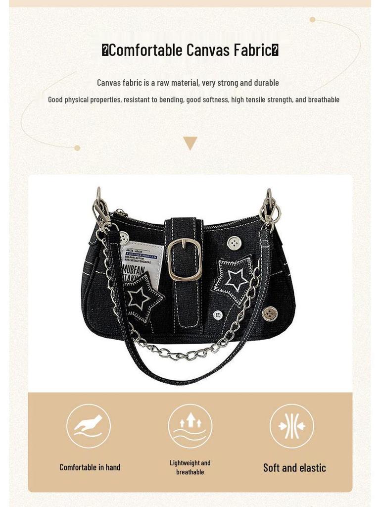 Y2K Millennial Star Džínová taška pod paži s knoflíkovou ozdobou, Trendy vyšívaná plátěná taška
