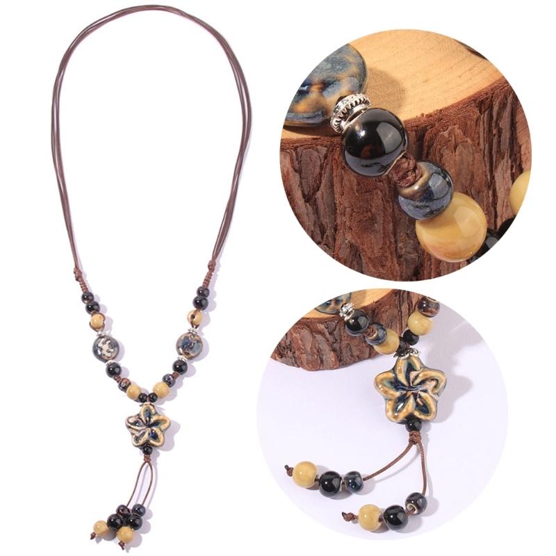 Bohemian Flower Colorful Ceramic Bead Necklace Tricolor-Beaded Jewelry Flower Tassel Choker Chain Jewelry Gift for Women