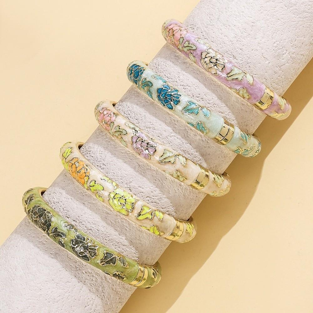 Enamel Floral Vintage Cloisonne Bangle Traditional Women's Hand Bracelet Flower Leaf Bangle Girls