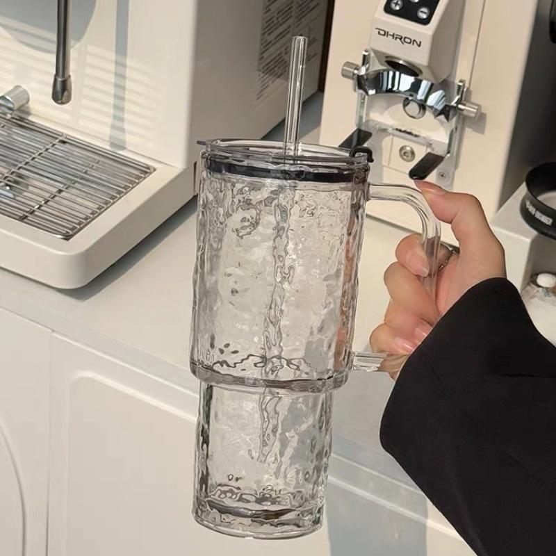 Jumbo Glass Cup with Handle and Lid for Girls: Ideal for Coffee or Water, Featuring Large Capacity and Included Straw