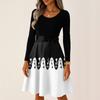 Women's Casual Vintage Halloween Dress Long Sleeve Round Neck Ghost Print Retro Style Midi Dress with Waist Tie for Daily Wear