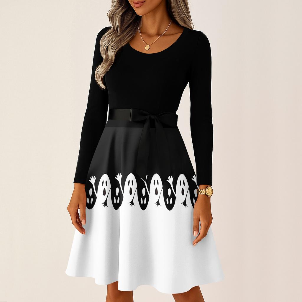 Women's Casual Vintage Halloween Dress Long Sleeve Round Neck Ghost Print Retro Style Midi Dress with Waist Tie for Daily Wear