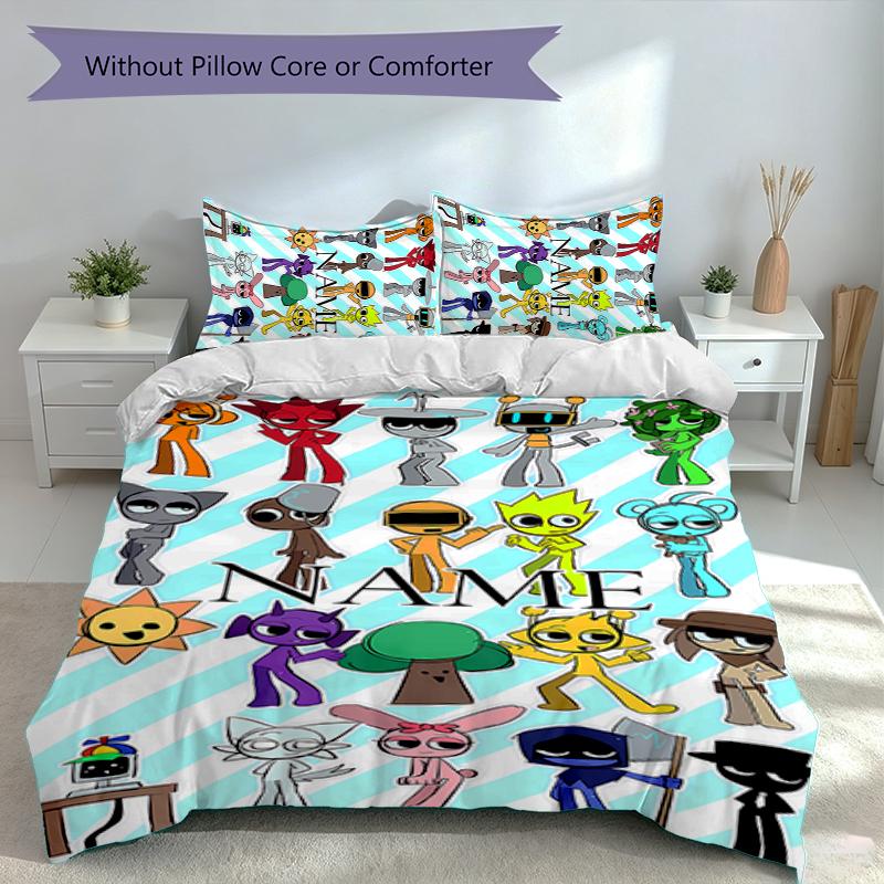 3pcs Custom Name Game Sprunki Set,Includes 1 Duvet Cover and 2 Pillowcases,All-season Bedroom Decor