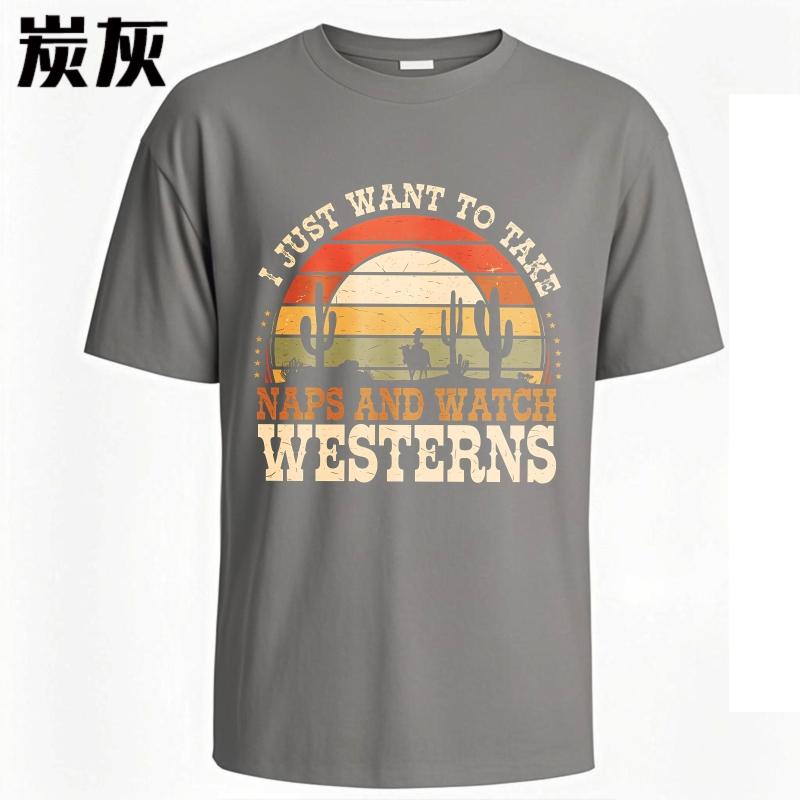 Street Wear Boys short sleeve tshirt Black Sunset Cactus Cowboy Horse Naps Westerns fashion Unisex tops Unisex fashion tshirt