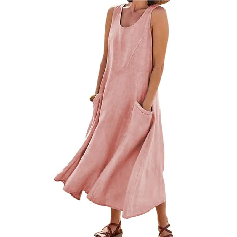 Women Summer Solid Color Crew Neck Sleeveless Cotton Linen Dress Loose Casual Long Dress