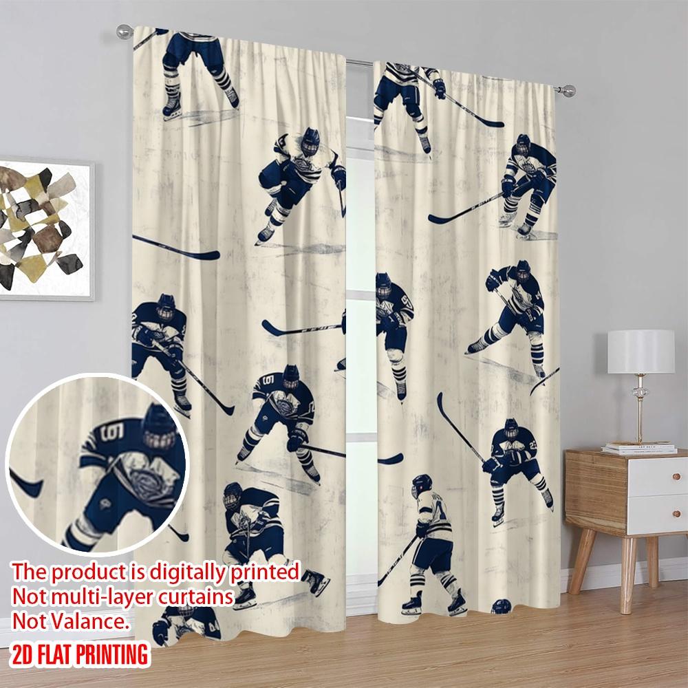 2pcs,2D Plane Printing Curtain Fabric Hockey Motion Polyester (without Rod) Holiday Use for Living Room & Kitchen Decor