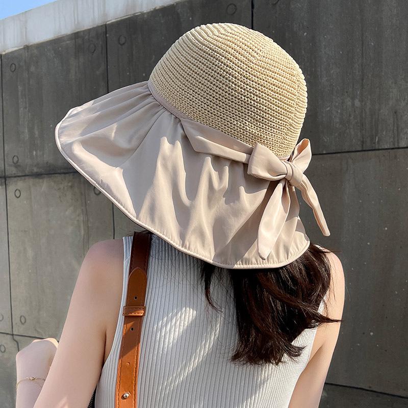 Women's Full-Coverage Summer Sun Hat with Bowknot - Versatile Black Sunscreen Bucket Hat