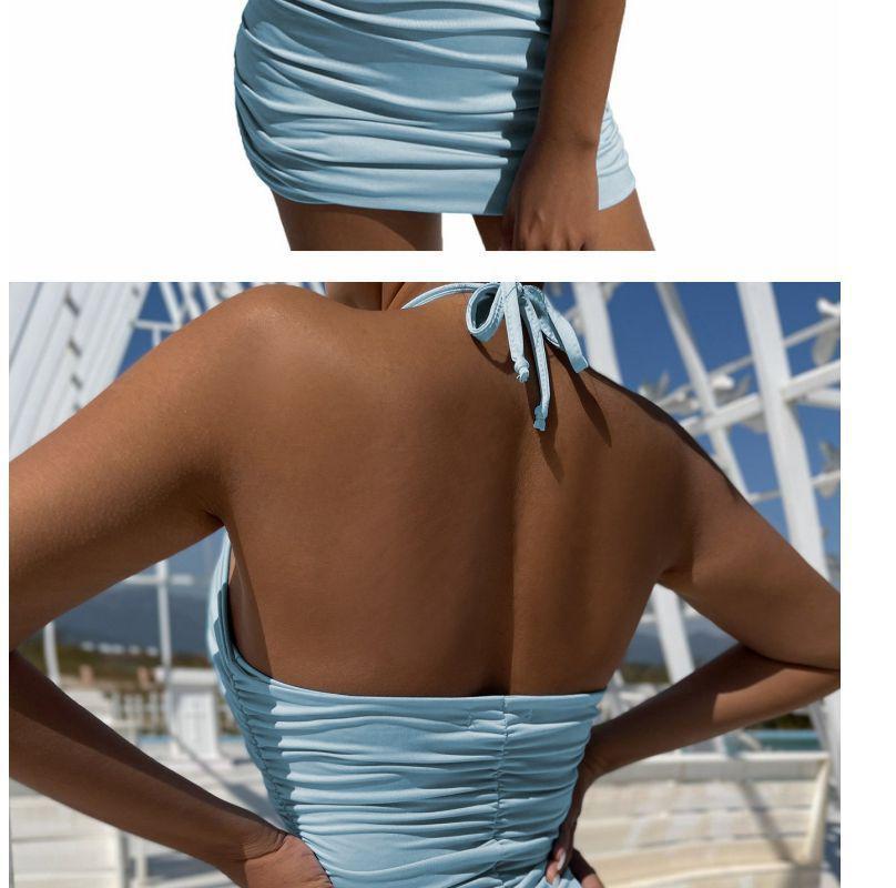 Thai Lace-Up Halter Backless Pleated Bodycon Dress for Women