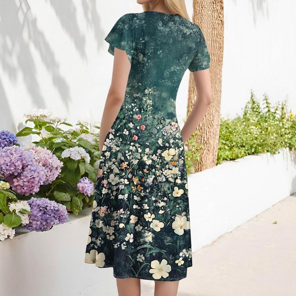 Women's Loose Casual And Fashionable V-Neck Short Sleeved Print Mid Length Dress