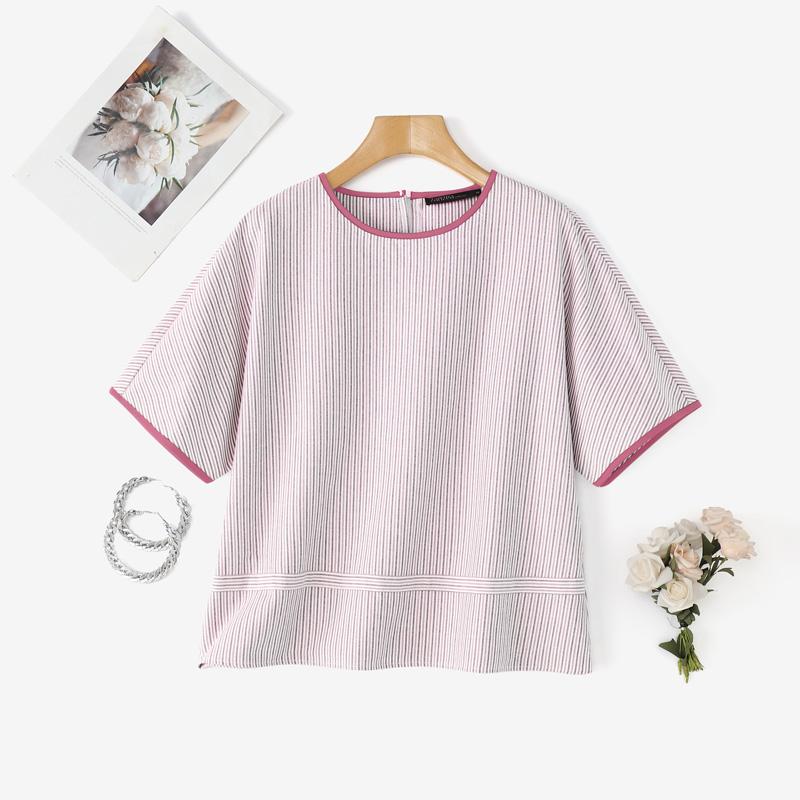 

ZANZEA Women Summer Casual Round Neck Loose Short Sleeve Stripe Blouse S рожевий