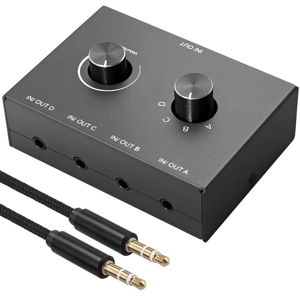 Bi-Directional Audio Switcher 2/4 Way 3.5mm Stereo Audio Switch 2x1/1x2 4x1/1x4 with Mute Button for PC Headphones Speaker