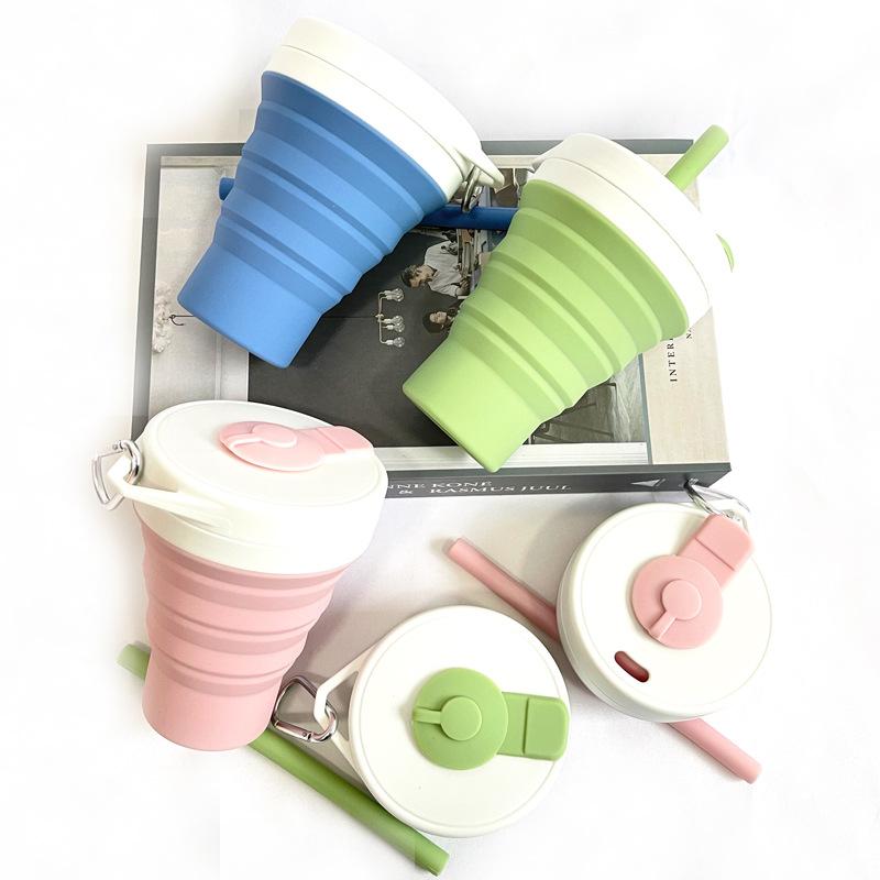 Silicone Coffee Cup Folding Bottle Pocket Cup Foldable Lightweight to Carry Retractable Water Bottle Belt Straw 450ml Latest