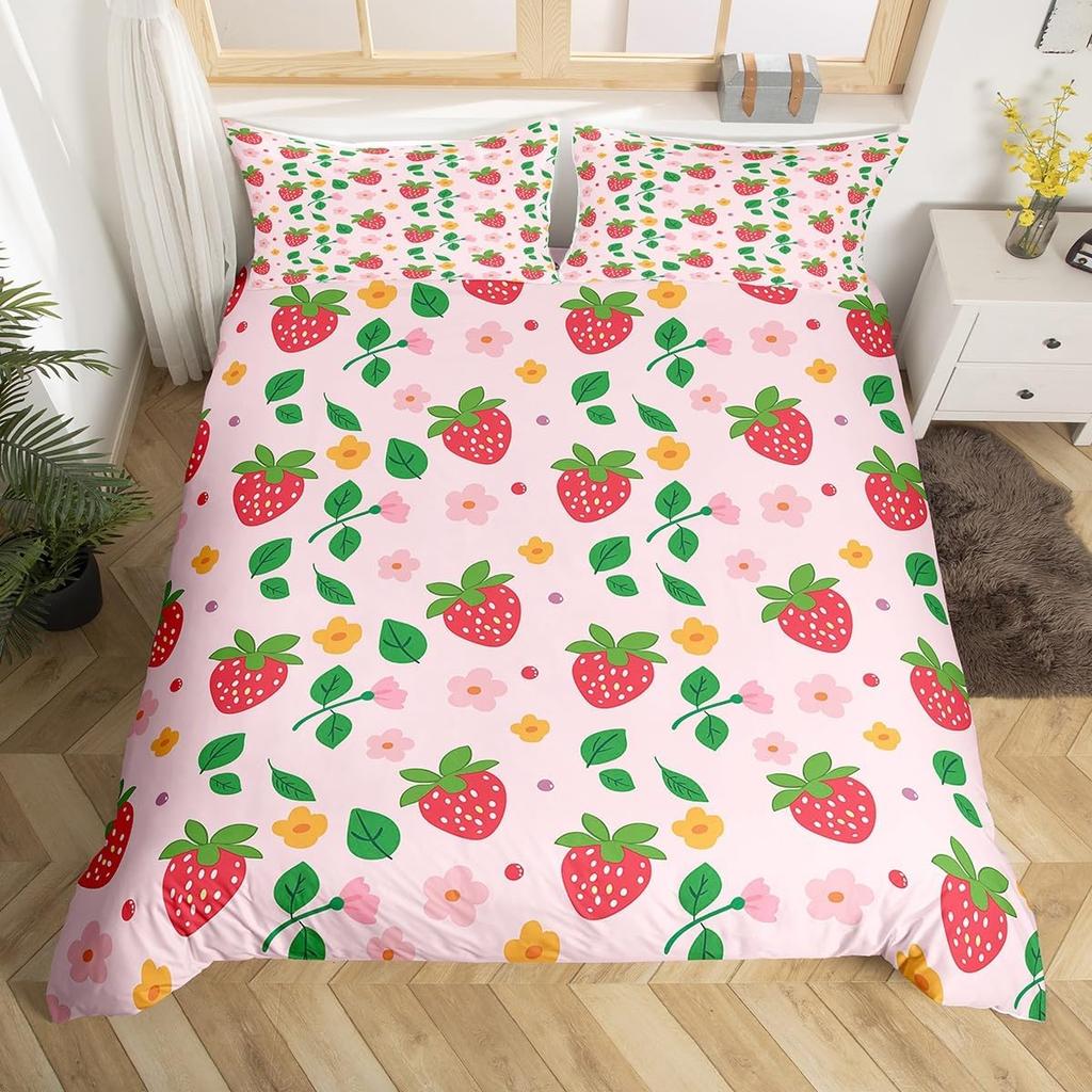 Cute Strawberry Duvet Cover Full King,Flower Leaves Tropical Fruit Bedding Set,Garden Rustic Plants Watercolor Chic Quilt Cover