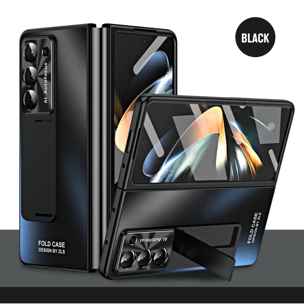 Electroplating Hard PC Shockproof Phone Cover for Samsung Galaxy Z Fold 6 5 4 3 Case with Tempered Glass Screen Protector Stand Holder