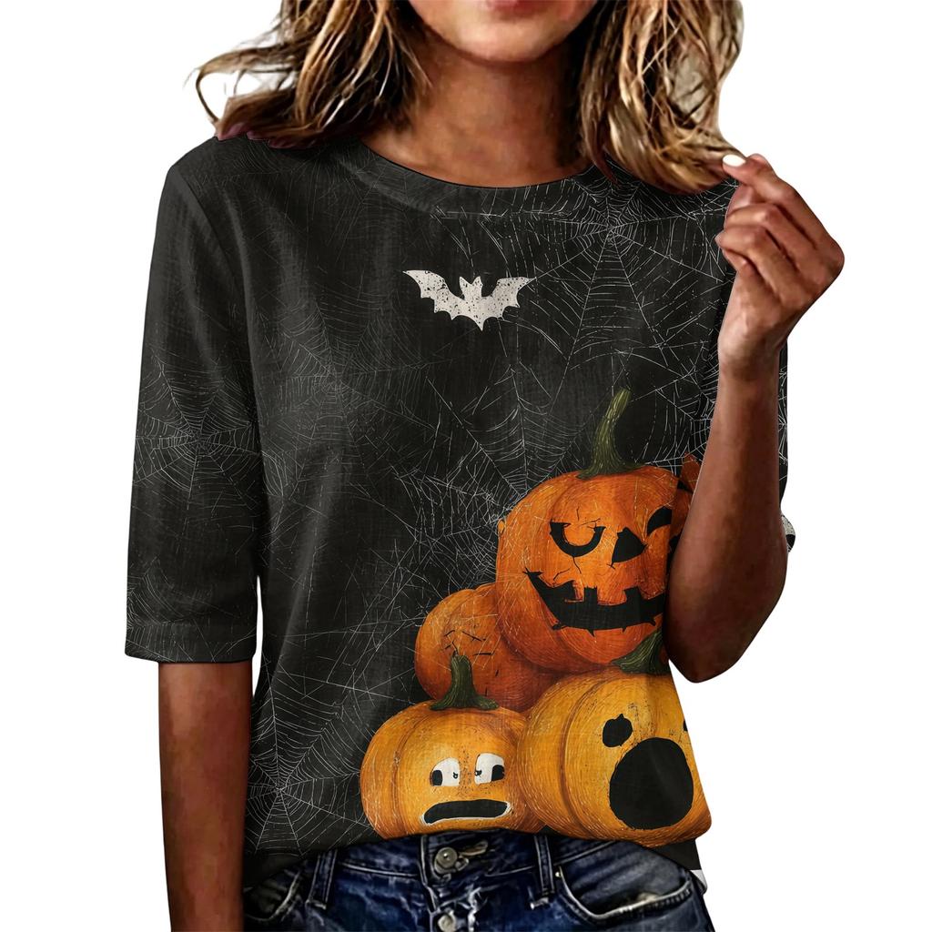 Women's Casual Loose Fit Half Sleeve Top Round Neck Lightweight Comfortable Halloween Pumpkin Print Shirt for Everyday Wear